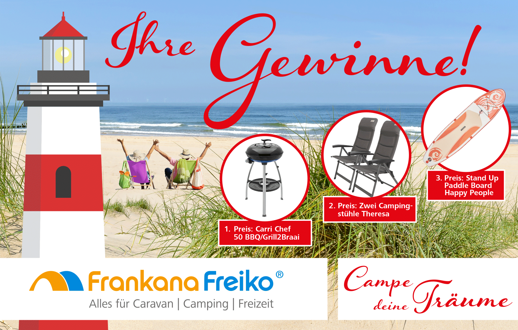 Gewinnspiel: 1. Preis: Carri Chef 50 BBQ/Grill2Braai, 2. Preis: Zwei Campingstühle Theresa, 3. Preis: Stand Up Paddle Board Happy People